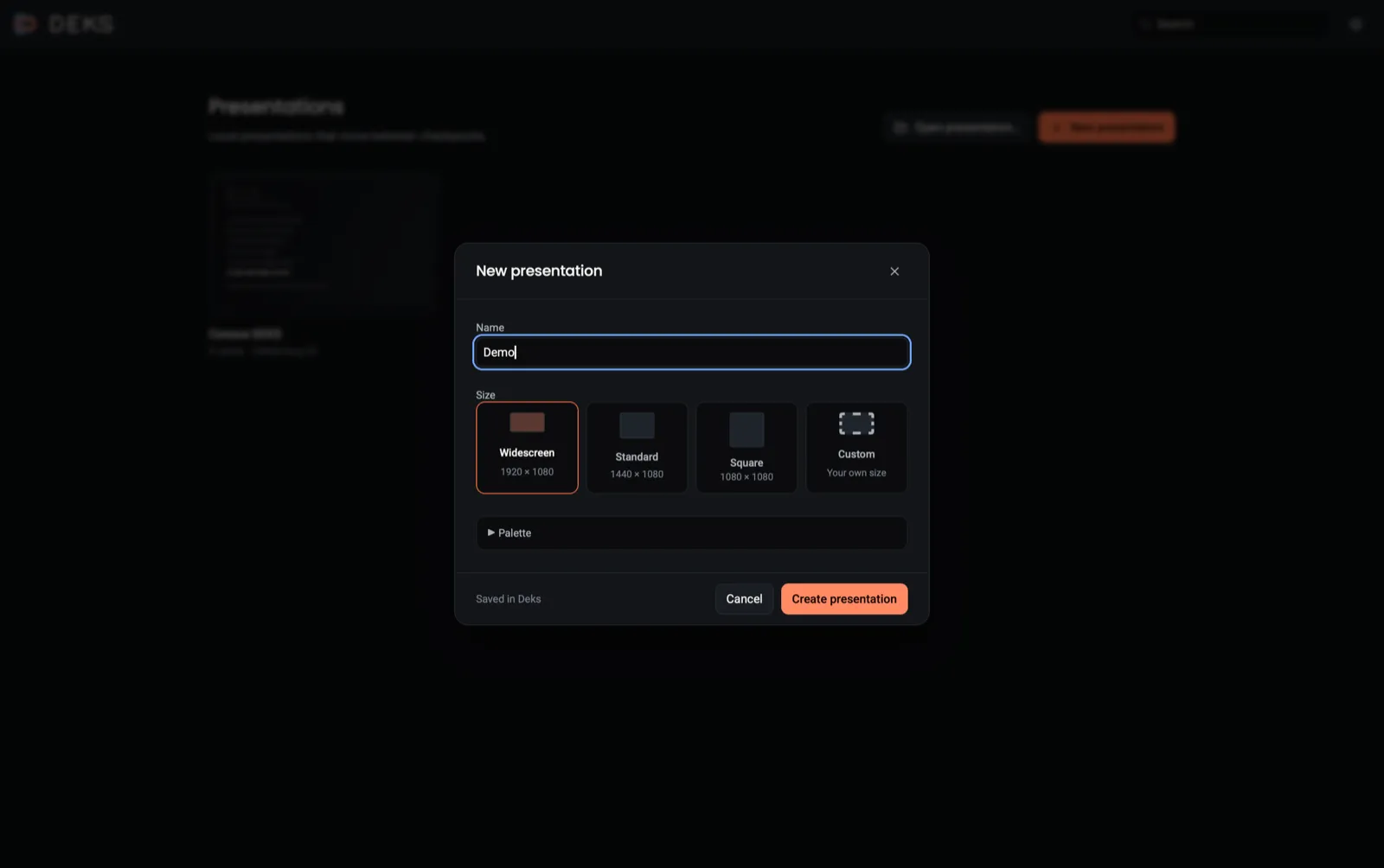 DEKS Desktop creando una presentación nueva con nombre, tamaño y paleta