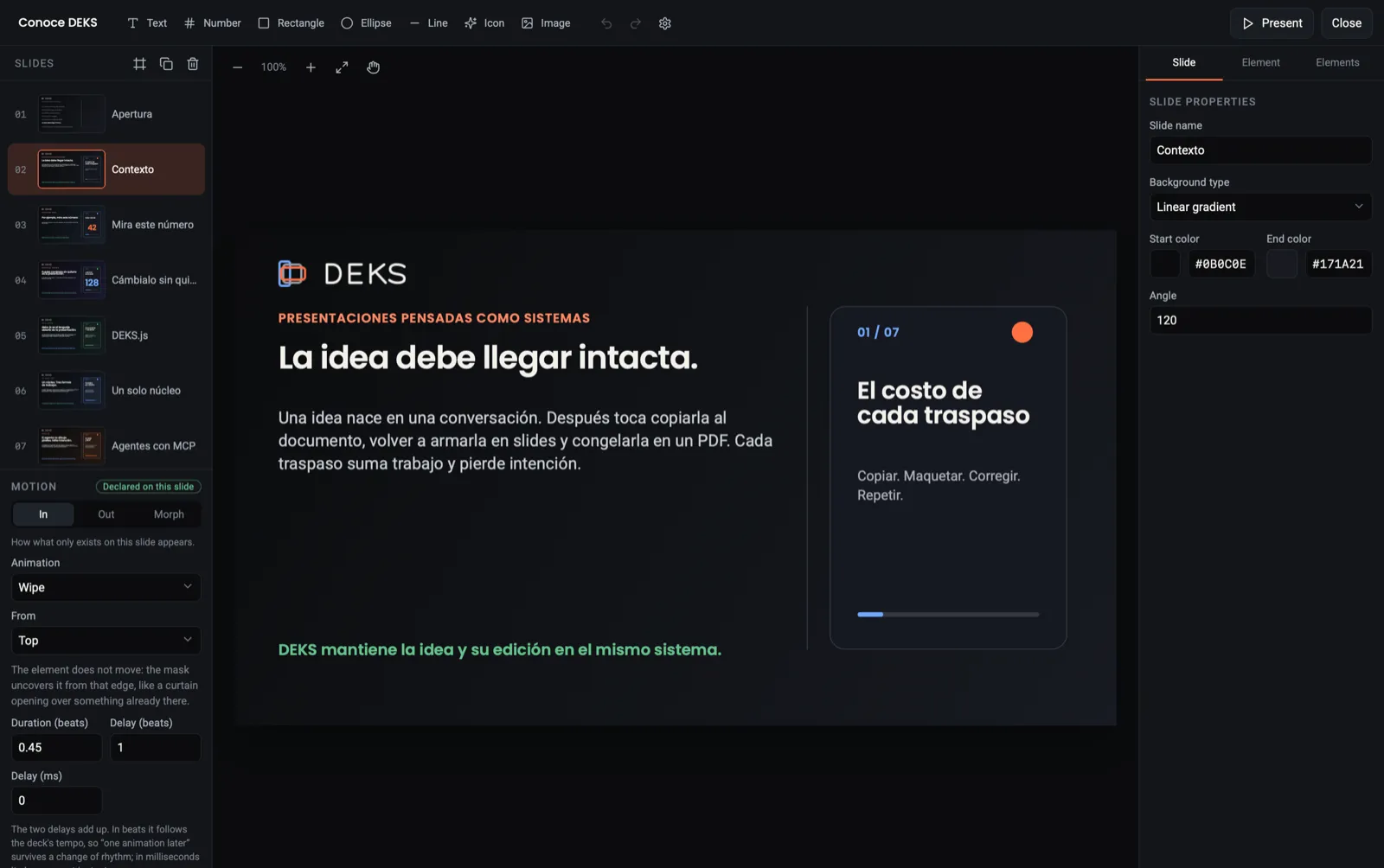 Editor de DEKS Desktop con una presentación local abierta y sus propiedades de slide